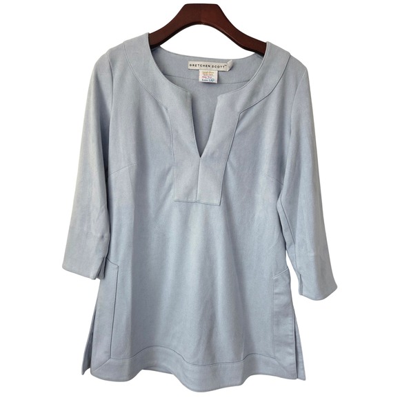 Gretchen Scott Designs Tops - Gretchen Scott Split Neck Tunic Top Faux Suede X-Small Light Blue Side Slits